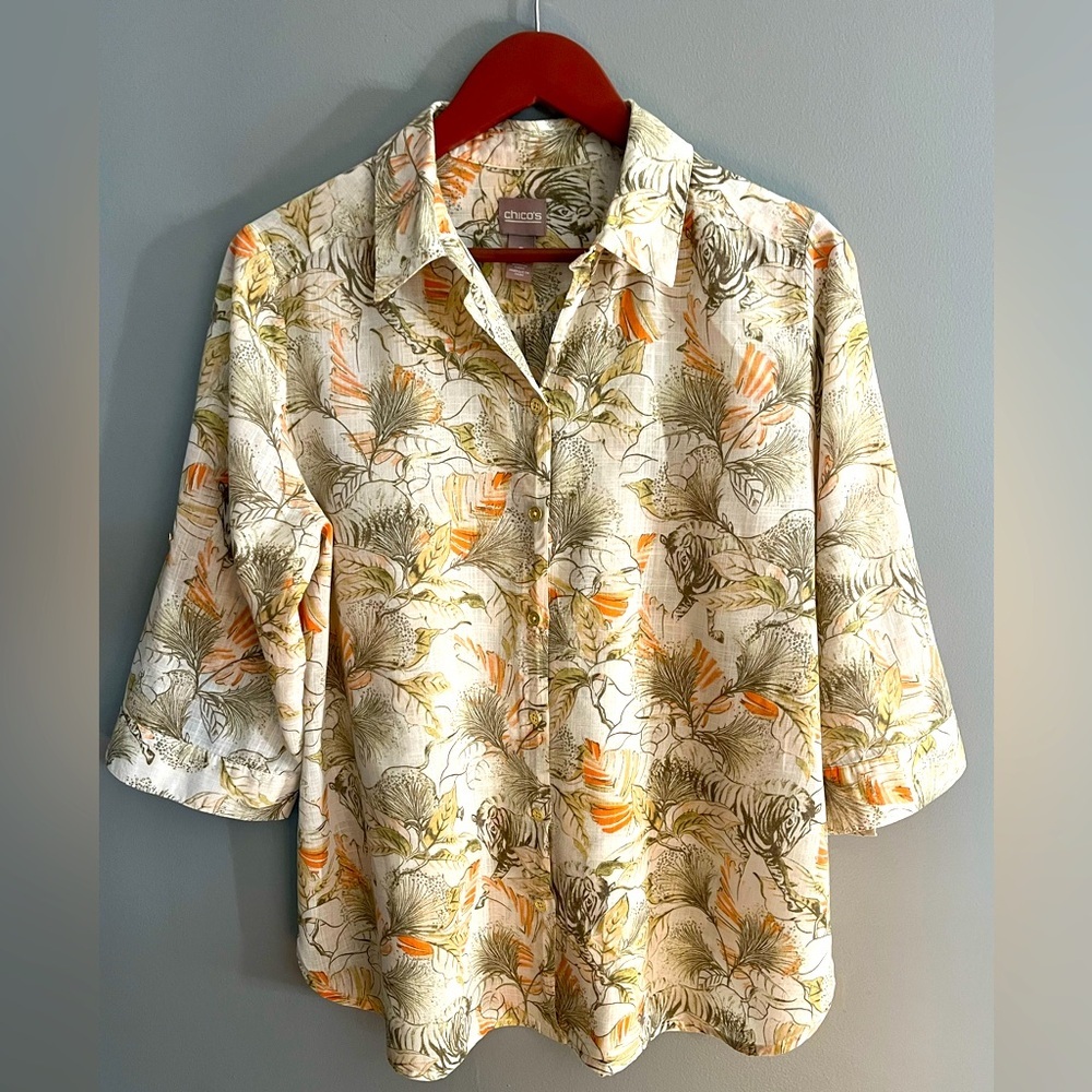 Chico's Tropical Animal Print Blouse Cream/Orange/Green Gold Buttons Women L/12